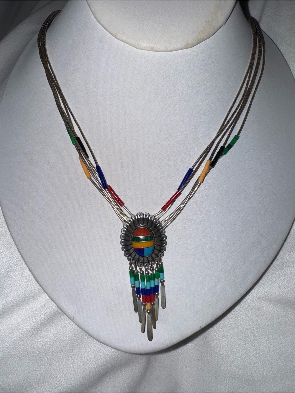 Vintage Native American Multi-Stone Inlay Sterling Silver Necklace, 22"